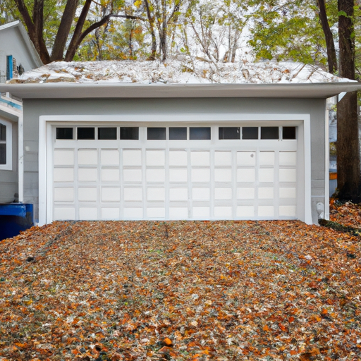 Suburban Fort Lee home with a visible garage door in a seasonal setting, driveway and light snow or autumn leaves.