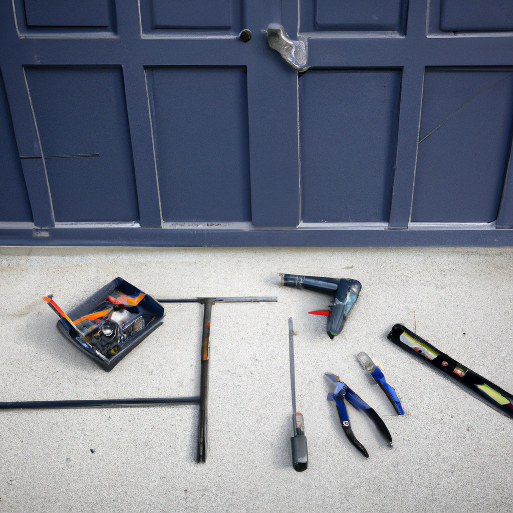 Detached garage door panel and repair tools arranged on a residential driveway in Fort Lee, NJ