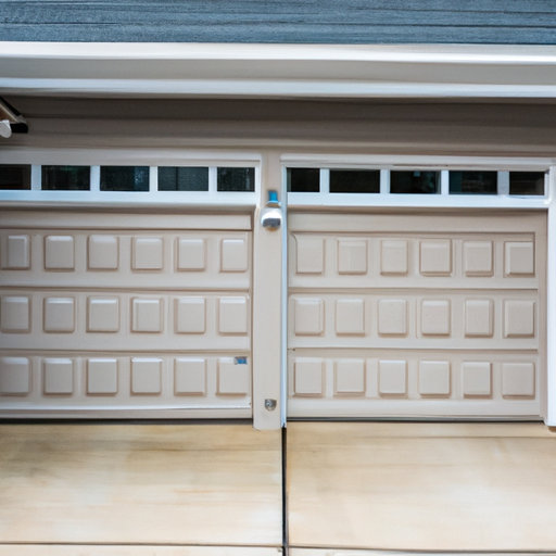 Suburban Fort Lee home exterior showing a two-car garage door, hardware and weatherstripping visible, late-afternoon light.