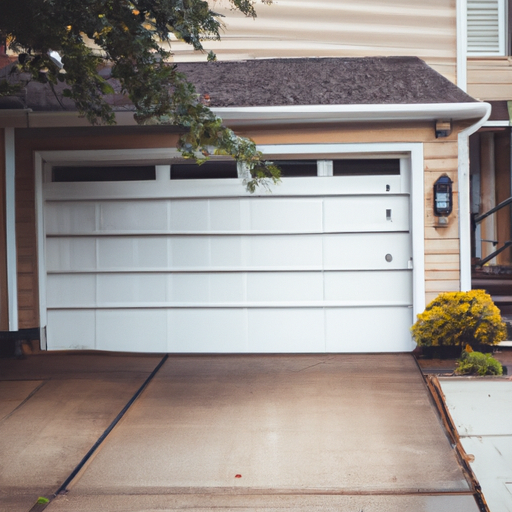 Residential house in Fort Lee, NJ with a closed modern sectional garage door on a sloped driveway, overcast light.