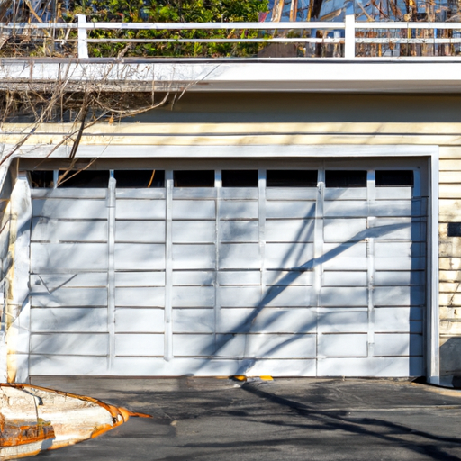Suburban Fort Lee garage with modern insulated steel door, new bottom seal visible, tree-lined street in background.