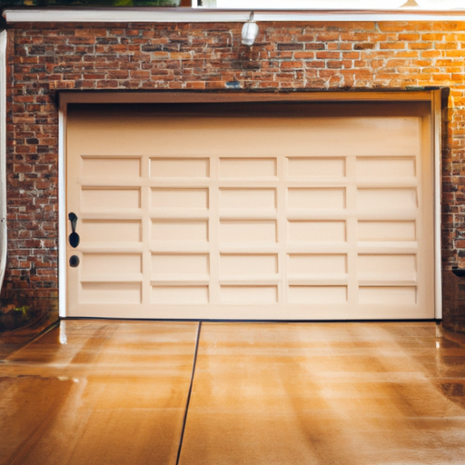 Sectional garage door on a suburban Fort Lee, NJ home showing tracks and opener, evening light, no people.