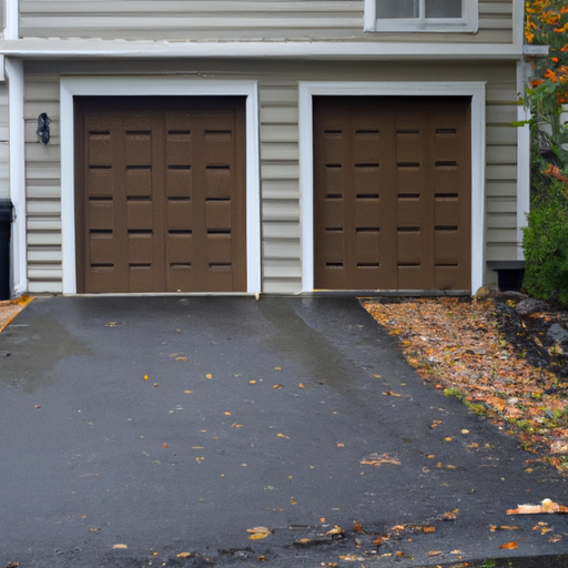 Residential two-car garage door on a Fort Lee, NJ home with wet pavement and late-autumn leaves visible.