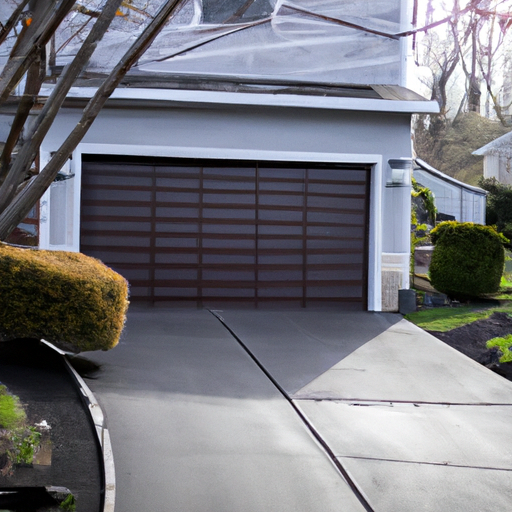 Fort Lee house with a visible sectional garage door partially open, driveway and landscaping, no people.