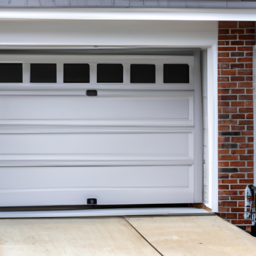 Suburban Fort Lee garage with a sectional door partially open, showing track and weather seal.