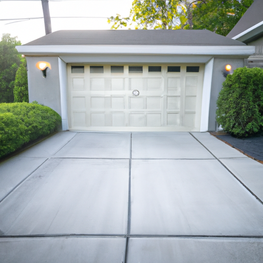 Suburban Fort Lee driveway showing a modern sectional garage door closed with visible panels and weatherstripping