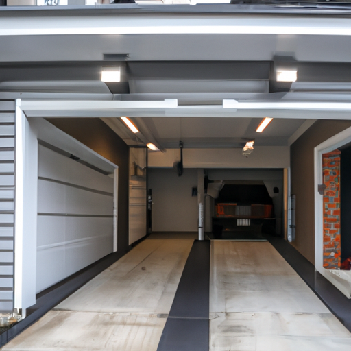 Residential garage door and opener hardware in Fort Lee, NJ, showing tracks, rollers, and motor unit; no people.