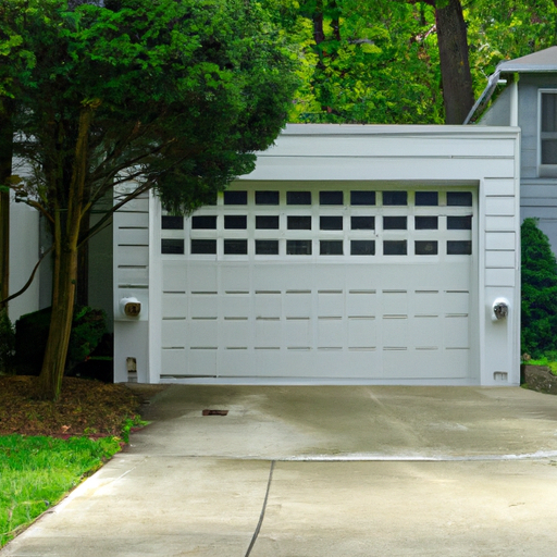 Residential steel sectional garage door on a Fort Lee, NJ driveway, house facade and trees, overcast lighting