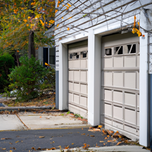 Sectional garage door in a Fort Lee, NJ driveway with townhouses and autumn trees, no people.