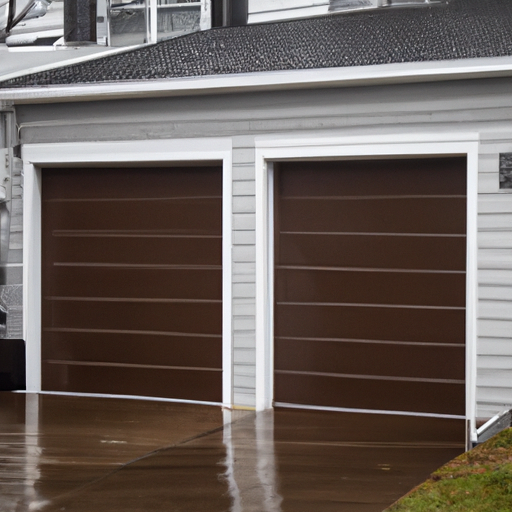 Fort Lee suburban garage door with new bottom seal and threshold on wet pavement, exterior view.