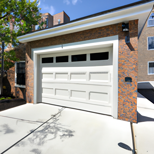 Modern sectional garage door on a Fort Lee, NJ home, wide view of driveway and house facade, no people.