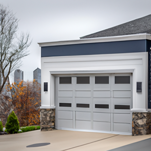 Exterior Fort Lee home with modern sectional garage door, driveway, and distant skyline, overcast daylight.