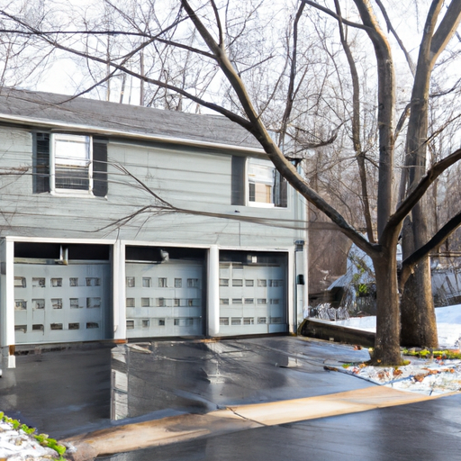 Residential steel sectional garage door on a Fort Lee driveway with morning light and light snow.